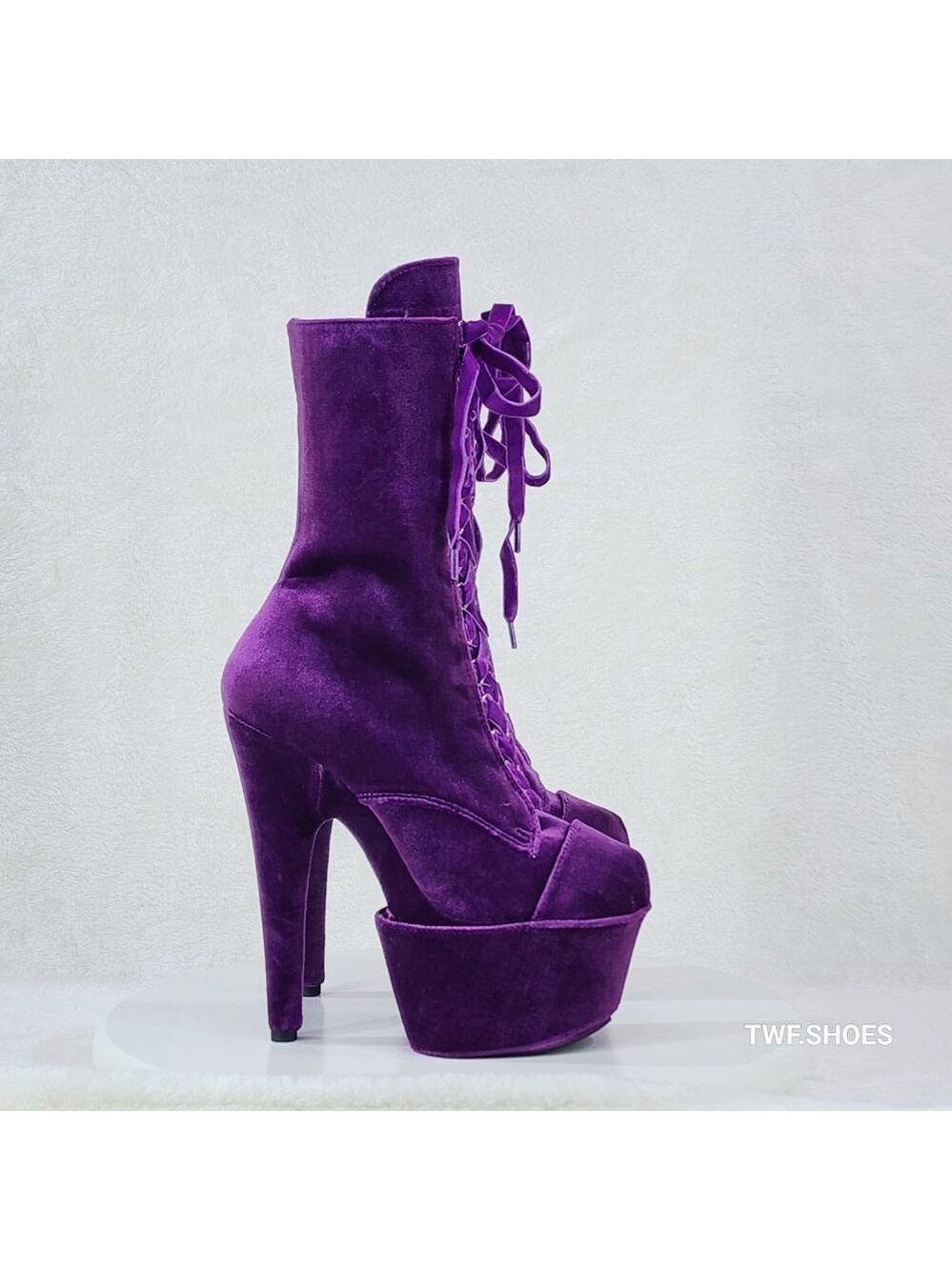 1020 Purple Velvet 7" High Heel Platform Ankle Boots With Boot Protectors - Picture 5 of 8
